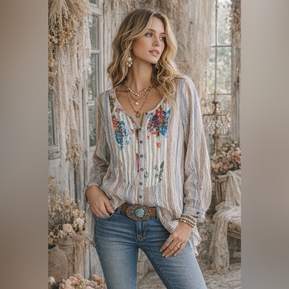 NWT Aratta Silent Journey Corset Button Back Cotton Linen Stripe Floral S